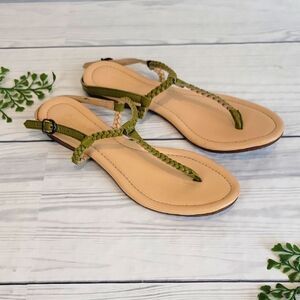 Green Casuals Braided T Strap Flat Sandals Womens Size 9